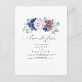 Navy Blue und Mauve Floral Save the Date Card Ankündigungspostkarte