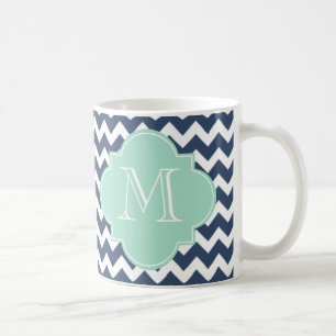 Navy Blue und Minze Green Zickzack Custom Monogram Tasse