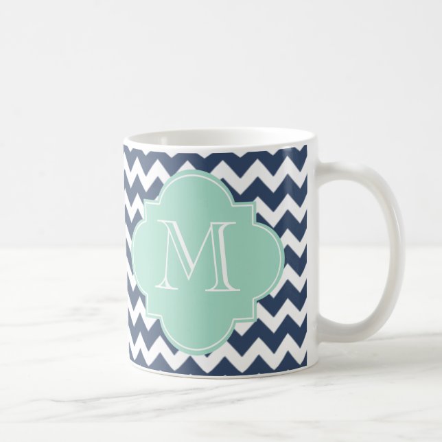 Navy Blue und Minze Green Zickzack Custom Monogram Tasse (Rechts)