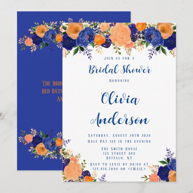 Navy Blue und Orange Florals Brautparty Einladung (Vorne/Hinten)
