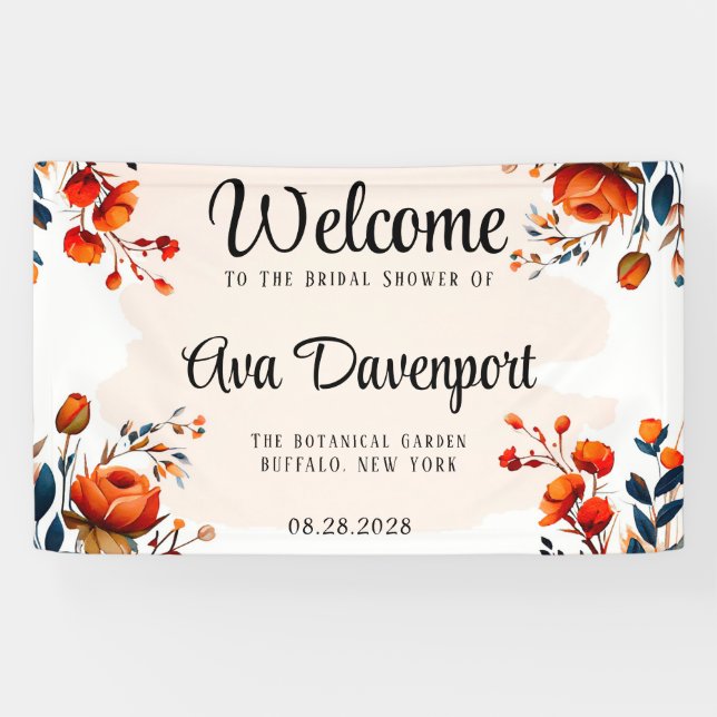 Navy Blue und Orange Peony Brautparty Banner (Horizontal)