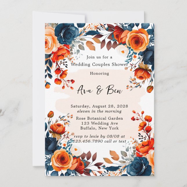 Navy Blue und Orange Peony Wedding Couple Dusche Einladung (Vorderseite)