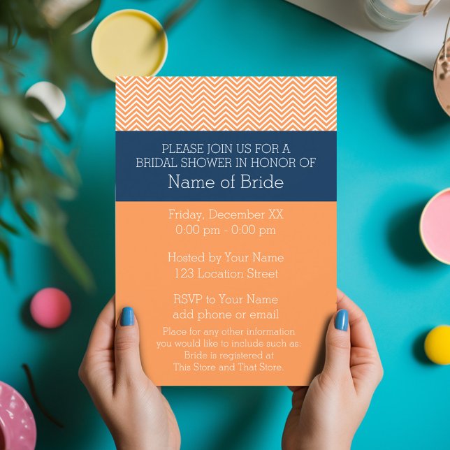 Navy Blue und Orange Zickzack Pattern Brautparty Einladung (Bridal Shower Invitation - Orange and Navy Chevrons)