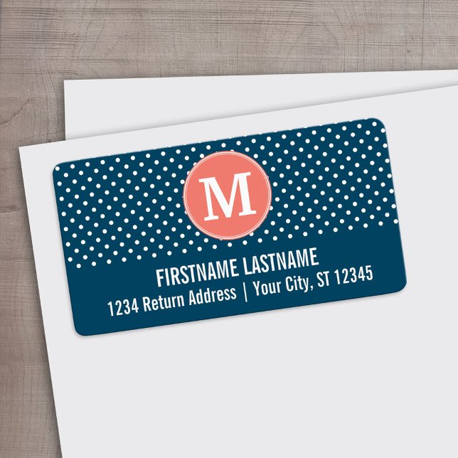 Navy Blue und Peach Polka Dots Custom Monogram Adressaufkleber (Custom Address Label)