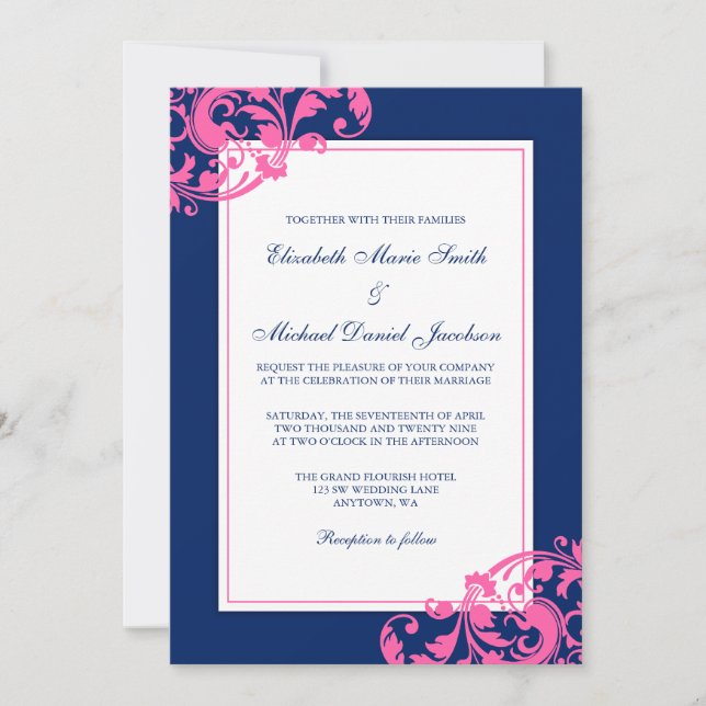 Navy Blue und Pink Blühend Wirbel Hochzeiten Einladung (Vorderseite)