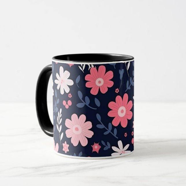 Navy Blue und Pink Floral Paisley Tasse (Vorderseite Links)