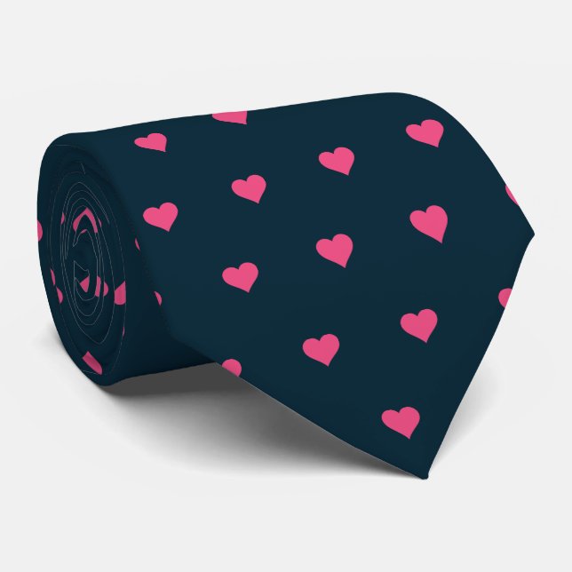 Navy Blue und Pink Hearts Neck Tie Krawatte (Gerollt)