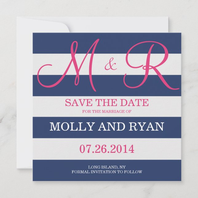 Navy Blue und Pink Monogram Save the Date (Vorderseite)