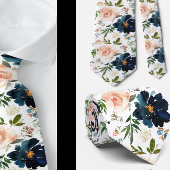 Navy Blue und Pink Watercolor Floral Rose Krawatte (Von Creator hochgeladen)