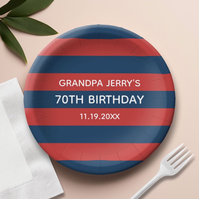 Navy Blue und Red Rugby Stripes Birthday Party Pappteller (Custom Paper Plate)
