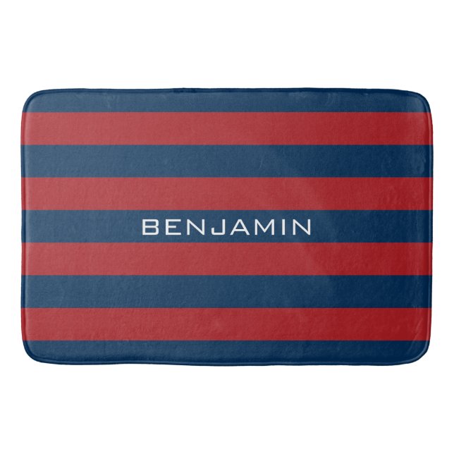 Navy Blue und Red Rugby Stripes mit Individuelle N Badematte (Vorderseite)