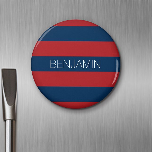 Navy Blue und Red Rugby Stripes mit Individuelle N Magnet (Personalized Fridge Magnet - Party Favor - Add Custom Text)