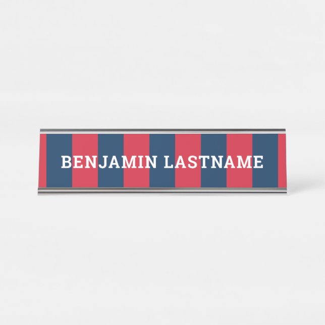 Navy Blue und Red Rugby Stripes mit Individuelle N Schreibtischnamensplakette (Vorderseite )