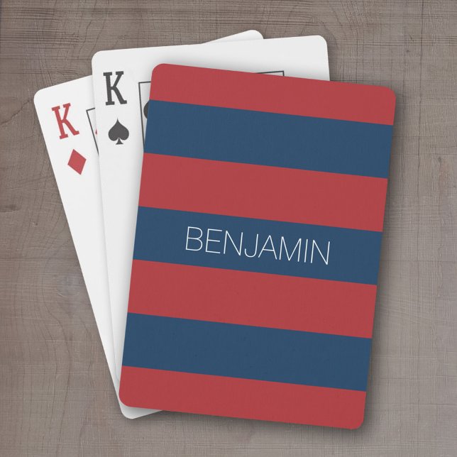 Navy Blue und Red Rugby Stripes mit Individuelle N Spielkarten (Personalized playing cards - sporty, preppy stripe pattern with name. Great gift for the guys!)