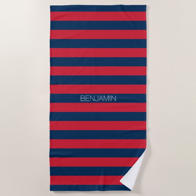 Navy Blue und Red Rugby Stripes mit Individuelle N Strandtuch (Vorderseite)