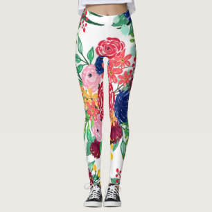 Navy Blue und Red Water Color Boho schicke Blume Leggings