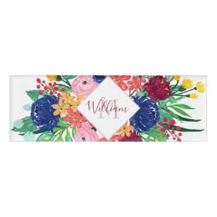 Navy Blue und Red Water Color Boho schicke Blume Namenschild