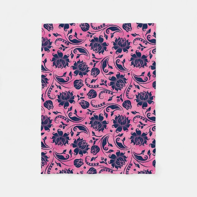 Navy-Blue- und Rosa-Floral-Damaskus Fleecedecke (Vorderseite)