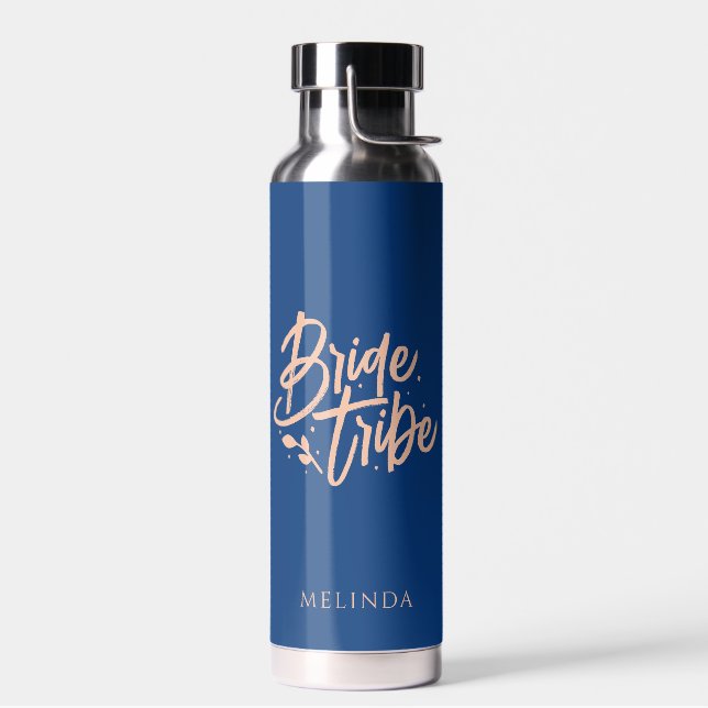 Navy Blue und Rose Gold Bride Stamm Bachelorette Trinkflasche (Links)