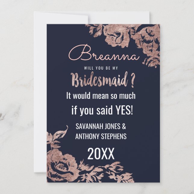 Navy Blue und Rose Gold Floral Bridesmaids Einladung (Vorderseite)