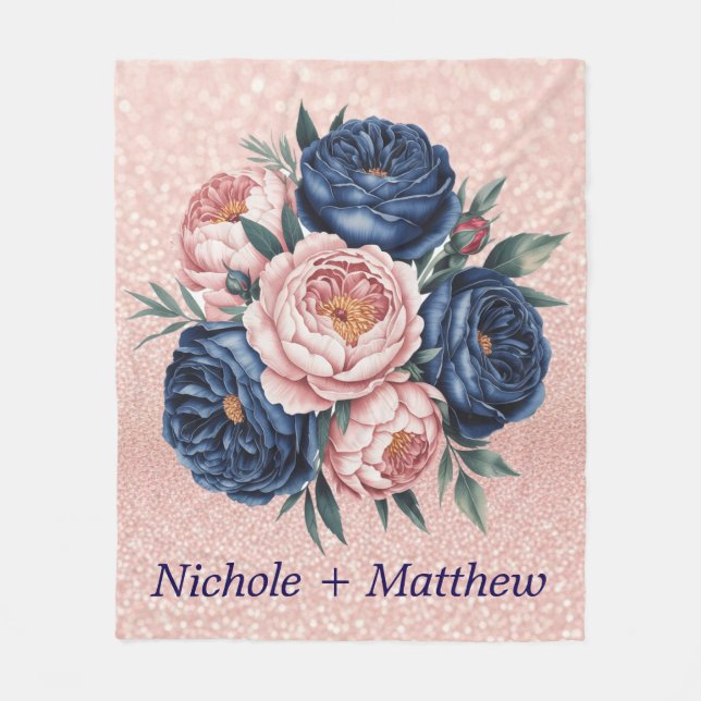 Navy Blue und Rose Gold Floral Fleecedecke (Vorderseite)