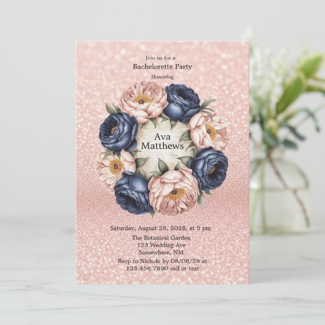 Navy Blue und Rose Gold Floral Junggeselinnen-Absc Einladung (Stehend Vorderseite)