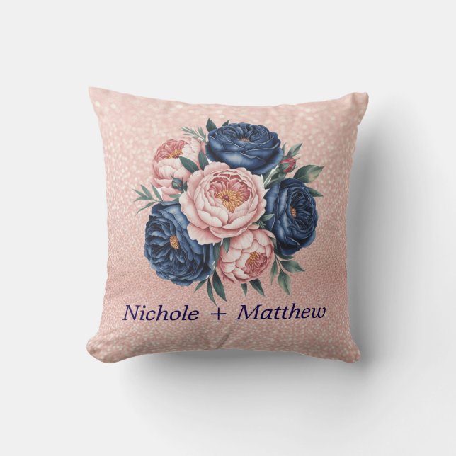 Navy Blue und Rose Gold Floral Kissen (Vorderseite)