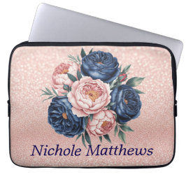 Navy Blue und Rose Gold Floral Laptopschutzhülle