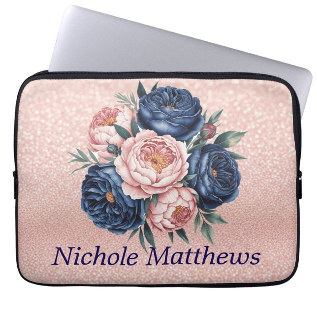 Navy Blue und Rose Gold Floral Laptopschutzhülle (Vorderseite)