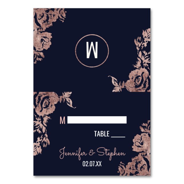 Navy Blue und Rose Gold Floral Platzkarten Tischnummer (Vorderseite)