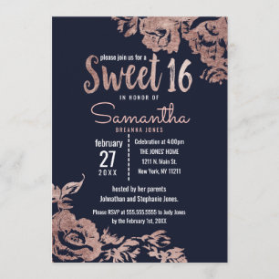 Navy Blue und Rose Gold Floral Sweet 16 Einladung