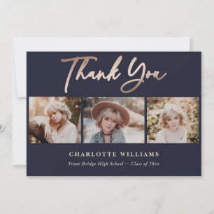 Navy Blue und Rose Gold Foto Collage Abschluss Dankeskarte