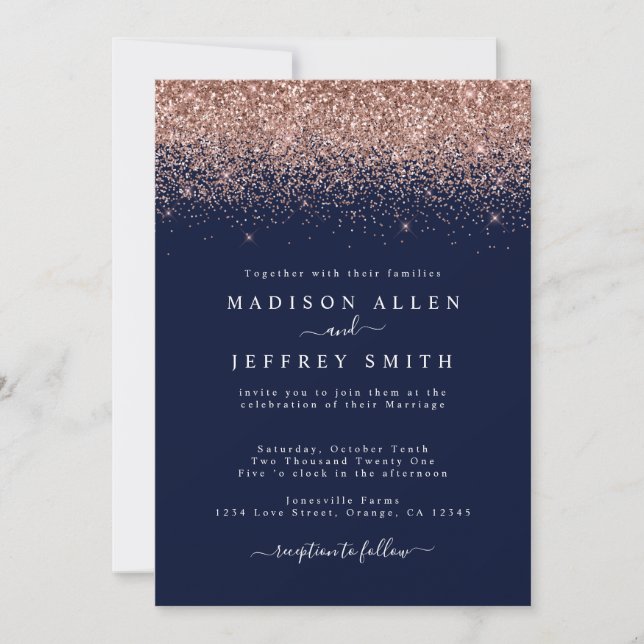 Navy Blue und Rose Gold Glitzer Hochzeit Einladung (Vorderseite)