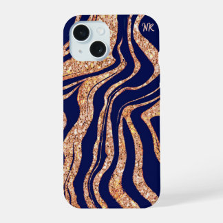 Navy Blue und Rose Gold Glitzer Zebra Monogram iPhone 15 Hülle