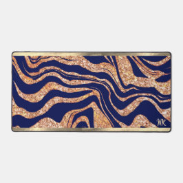 Navy Blue und Rose Gold Glitzer Zebra Monogram Schreibtischunterlage