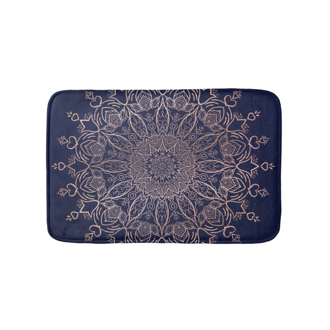 Navy Blue und Rose Gold Mandala Elegant Boho Badematte (Vorderseite)