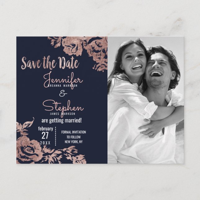 Navy Blue und Rosen Gold Floral Save the Date Ankündigungspostkarte (Vorderseite)