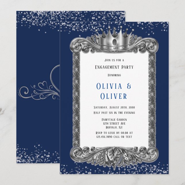Navy Blue und Silber Frame Royal Engagement Party Einladung (Vorne/Hinten)