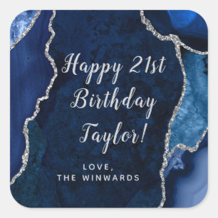 Navy Blue und Silver Agate Happy Birthday Quadratischer Aufkleber