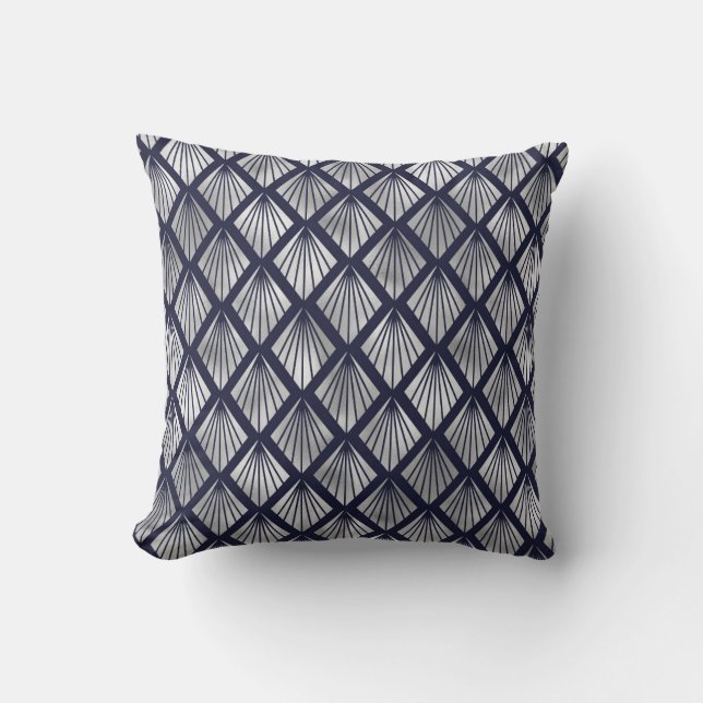 Navy Blue und Silver Art Deco Diamond Muster Kissen (Vorderseite)