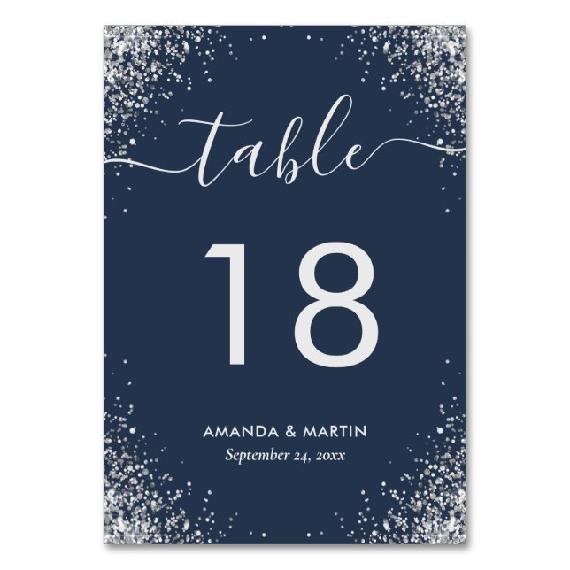 Navy Blue und Silver Confetti Wedding Tischnummer (Vorderseite)