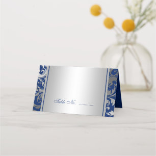 Navy Blue und Silver Damask Wirbel eingewickelt Platzkarte