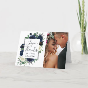 Navy Blue und Silver Elegant Floral Wedding Foto Dankeskarte
