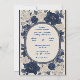 Navy Blue und Silver Elegante Elfenbeinblumenhochz Einladung