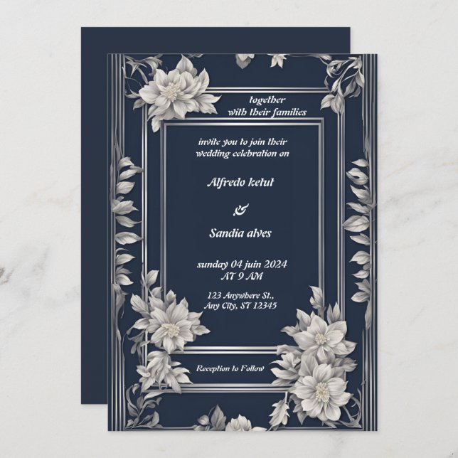 Navy Blue und Silver Elegante Elfenbeinblumenhochz Einladung (Vorne/Hinten)