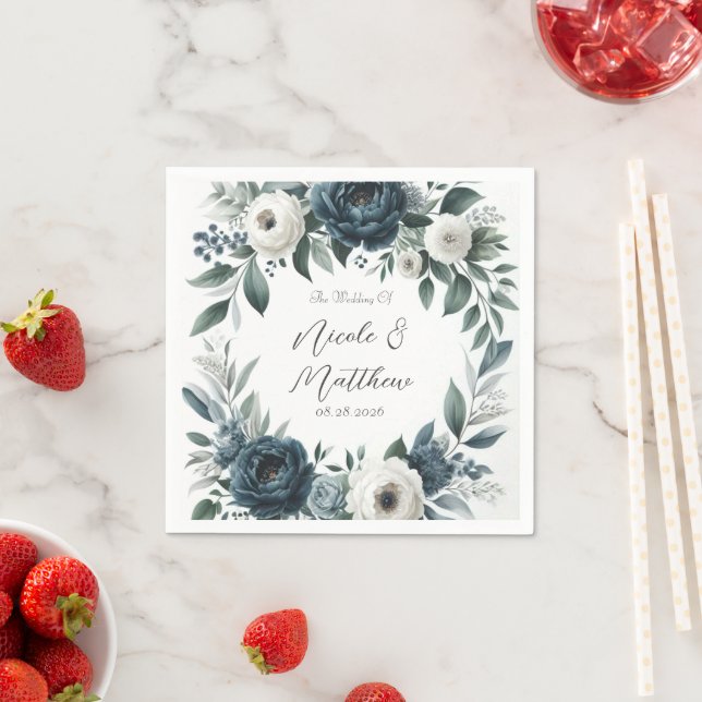 Navy Blue und Silver Elegante Elfenbeinblumenhochz Serviette (Beispiel)