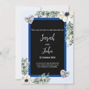 Navy Blue und Silver Elegante Heart Floral Wedding Einladung