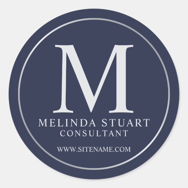 Navy Blue und Silver Elegante Monogram Business Runder Aufkleber (Vorderseite)