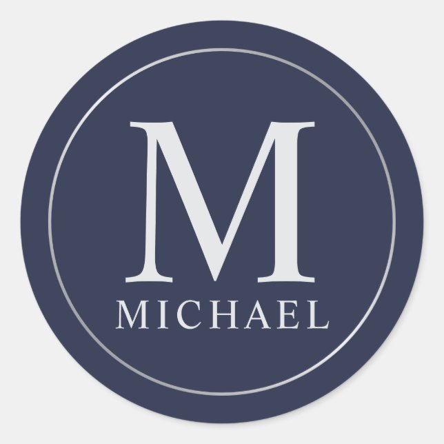 Navy Blue und Silver Elegante Monogram Runder Aufkleber (Vorderseite)