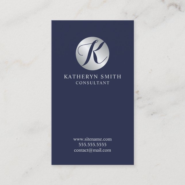 Navy Blue und Silver Elegante Monogram Visitenkarte (Vorderseite)
